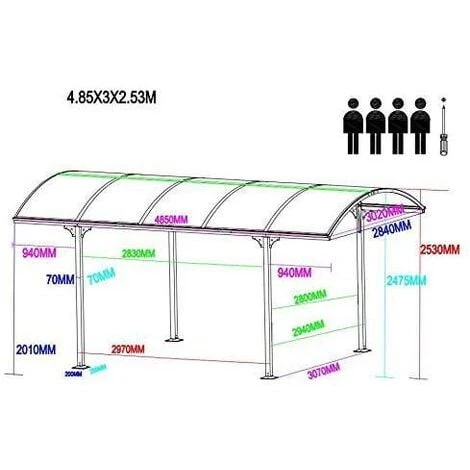 Carport Tettoia Da Esterno In Policarbonato E Alluminio - 485x300x253h Cm. 3 Carport Tettoia Da Esterno In Policarbonato E Alluminio - 485x300x253h Cm. - immagine 3