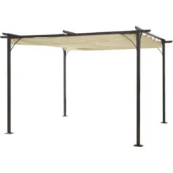 Outsunny Gazebo Pergola Da Giardino Parasole Retraibile Cornice Nera Tendale Beige, 350 X 350 X 230cm