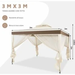 COSTWAY Gazebo Da Giardino Con Zanzariera 3 X 3 M, Struttura In Acciaio E 4 Tendine Poliestere Laterali, Beige -Vendite VIDAXL 19907656 4