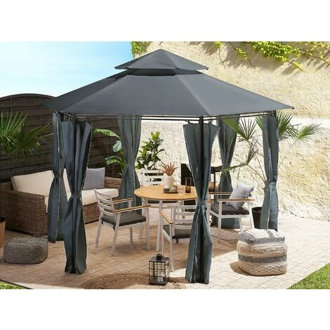 Gazebo Da Giardino Esagonale Acciaio E Tessuto Grigio Protezione Solare Portel 2 Gazebo Da Giardino Esagonale Acciaio E Tessuto Grigio Protezione Solare Portel - immagine 2