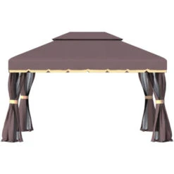 Outsunny Gazebo Da Giardino Con Doppio Tetto E Zanzariera In Poliestere, Caffè, 2.9x3.9m