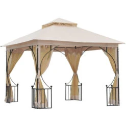 Outsunny Gazebo Da Giardino Con Doppio Tettuccio In Metallo E Poliestere, Beige, 3x3m