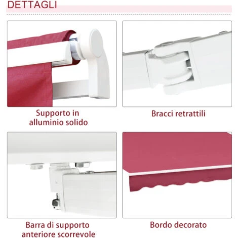 Outsunny Tenda Da Sole Per Esterno Avvolgibile A Parete Impermeabile In Poliestere, Rosso Bordeaux 3x2.5m 5 Outsunny Tenda Da Sole Per Esterno Avvolgibile A Parete Impermeabile In Poliestere, Rosso Bordeaux 3x2.5m - immagine 5