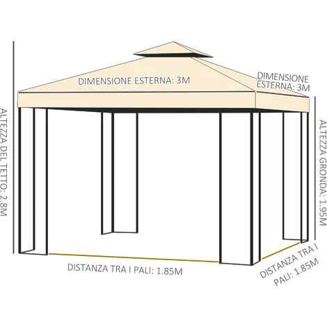 Outsunny Gazebo Da Giardino Con Doppio Tettuccio, 3x3m 3 Outsunny Gazebo Da Giardino Con Doppio Tettuccio, 3x3m - immagine 3