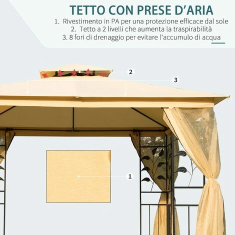 Outsunny Gazebo Da Giardino Con Doppio Tettuccio, 3x3m 4 Outsunny Gazebo Da Giardino Con Doppio Tettuccio, 3x3m - immagine 4