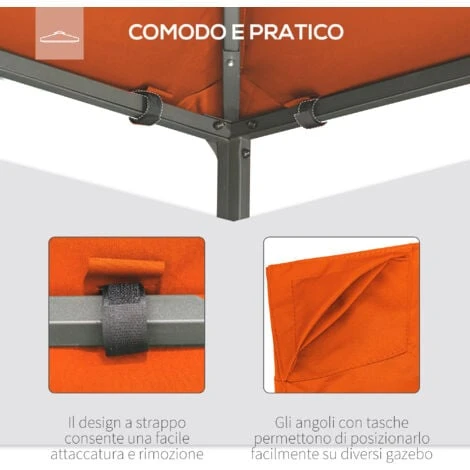 Outsunny Tetto Di Ricambio Per Gazebo 3x3m In Poliestere Impermeabile Anti-UV, Arancione 2 Outsunny Tetto Di Ricambio Per Gazebo 3x3m In Poliestere Impermeabile Anti-UV, Arancione - immagine 2