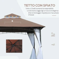 Outsunny Gazebo Da Giardino 3x3m Con Zanzariera, Tetto A 2 Livelli In Poliestere Struttura In Metallo Marrone -Vendite VIDAXL 29444136 4