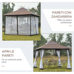 Outsunny Gazebo Da Giardino 3x3m Con Zanzariera, Tetto A 2 Livelli In Poliestere Struttura In Metallo Marrone -Vendite VIDAXL 29444136 5