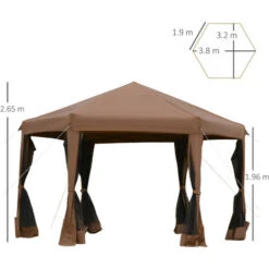 Outsunny Gazebo Da Giardino Pieghevole Con Zanzariera, Struttura Esagonale Acciaio E Poliestere, 3.6x3.6x2.6m Marrone -Vendite VIDAXL 30953901 3