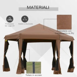 Outsunny Gazebo Da Giardino Pieghevole Con Zanzariera, Struttura Esagonale Acciaio E Poliestere, 3.6x3.6x2.6m Marrone -Vendite VIDAXL 30953901 4