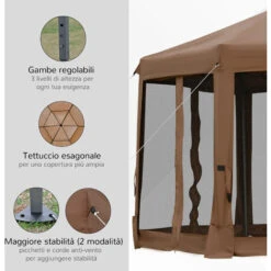 Outsunny Gazebo Da Giardino Pieghevole Con Zanzariera, Struttura Esagonale Acciaio E Poliestere, 3.6x3.6x2.6m Marrone -Vendite VIDAXL 30953901 5