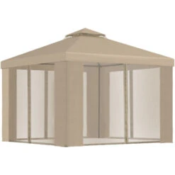 Outsunny Gazebo Da Giardino 3x3m In Metallo Con Zanzariera E Tetto A 2 Livelli In Poliestere Cachi