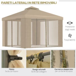 Outsunny Gazebo Da Giardino 3x3m In Metallo Con Zanzariera E Tetto A 2 Livelli In Poliestere Cachi -Vendite VIDAXL 31870035 5