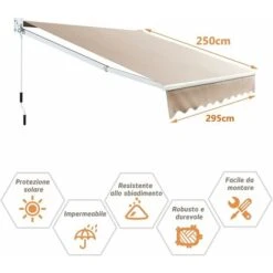 COSTWAY Tenda Da Sole Per Esterno Avvolgibile, Tenda Da Sole A Bracci Estensibili Con Telaio In Alluminio E Tettuccio Resistente Al Sole E Impermeabile E Manovella, 295 X 250 Cm, Beige -Vendite VIDAXL 33965998 3