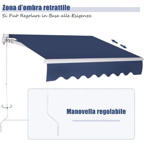 COSTWAY Tenda Da Sole Per Esterno Avvolgibile, Tenda Da Sole A Bracci Estensibili Con Telaio In Alluminio E Tettuccio Resistente Al Sole E Impermeabile E Manovella (250 X 200 Cm, Blu) 3 COSTWAY Tenda Da Sole Per Esterno Avvolgibile, Tenda Da Sole A Bracci Estensibili Con Telaio In Alluminio E Tettuccio Resistente Al Sole E Impermeabile E Manovella (250 X 200 Cm, Blu) - immagine 3
