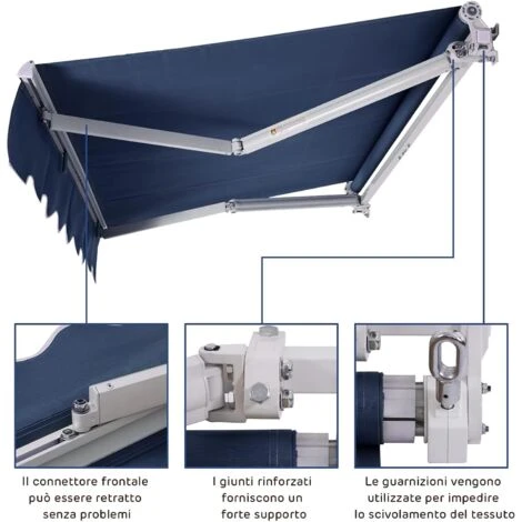 COSTWAY Tenda Da Sole Per Esterno Avvolgibile, Tenda Da Sole A Bracci Estensibili Con Telaio In Alluminio E Tettuccio Resistente Al Sole E Impermeabile E Manovella (250 X 200 Cm, Blu) 4 COSTWAY Tenda Da Sole Per Esterno Avvolgibile, Tenda Da Sole A Bracci Estensibili Con Telaio In Alluminio E Tettuccio Resistente Al Sole E Impermeabile E Manovella (250 X 200 Cm, Blu) - immagine 4