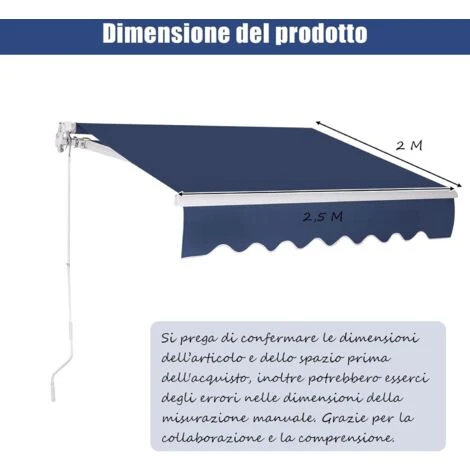 COSTWAY Tenda Da Sole Per Esterno Avvolgibile, Tenda Da Sole A Bracci Estensibili Con Telaio In Alluminio E Tettuccio Resistente Al Sole E Impermeabile E Manovella (250 X 200 Cm, Blu) 5 COSTWAY Tenda Da Sole Per Esterno Avvolgibile, Tenda Da Sole A Bracci Estensibili Con Telaio In Alluminio E Tettuccio Resistente Al Sole E Impermeabile E Manovella (250 X 200 Cm, Blu) - immagine 5