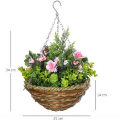 Outsunny Set Di 2 Piante Finte Lisianthus Da Appendere Per Interno Ed Esterno Con Vaso In Vimini E Catenelle, Ф25x34cm, Rosa E Verde -Vendite VIDAXL 41949775 3
