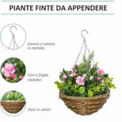 Outsunny Set Di 2 Piante Finte Lisianthus Da Appendere Per Interno Ed Esterno Con Vaso In Vimini E Catenelle, Ф25x34cm, Rosa E Verde -Vendite VIDAXL 41949775 4