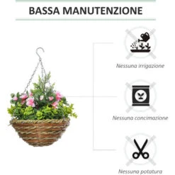 Outsunny Set Di 2 Piante Finte Lisianthus Da Appendere Per Interno Ed Esterno Con Vaso In Vimini E Catenelle, Ф25x34cm, Rosa E Verde -Vendite VIDAXL 41949775 5