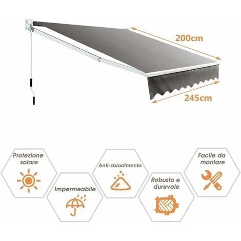 COSTWAY Tenda Da Sole Per Esterno Avvolgibile, Tenda Da Sole A Bracci Estensibili Con Telaio In Alluminio E Tettuccio Resistente Al Sole E Impermeabile E Manovella (245 X 200 Cm) 5 COSTWAY Tenda Da Sole Per Esterno Avvolgibile, Tenda Da Sole A Bracci Estensibili Con Telaio In Alluminio E Tettuccio Resistente Al Sole E Impermeabile E Manovella (245 X 200 Cm) - immagine 5