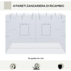 Outsunny Parete Per Gazebo 3x3 In Nylon, Set 3 Pezzi Zanzariera Con 6 Finestre E Porta Con Cerniera, 300Lx195 Cm -Vendite VIDAXL 96085117 4