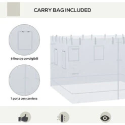 Outsunny Parete Per Gazebo 3x3 In Nylon, Set 3 Pezzi Zanzariera Con 6 Finestre E Porta Con Cerniera, 300Lx195 Cm -Vendite VIDAXL 96085117 5