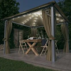 Gazebo Con Tende E Luci LED 300x300 Cm Grigio Talpa Alluminio